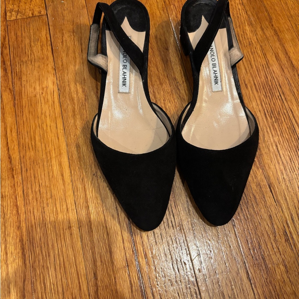 Manolo Blahnik Black Suede Slingback Heels
